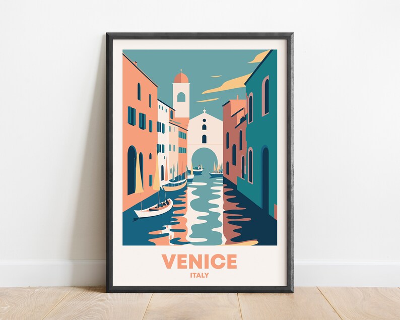 Retro style Venice Italy poster with colorful buildings and gondola on canal, vintage European travel art for home or gallery wall