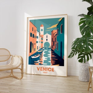 Retro style Venice Italy poster with colorful buildings and gondola on canal, vintage European travel art for home or gallery wall