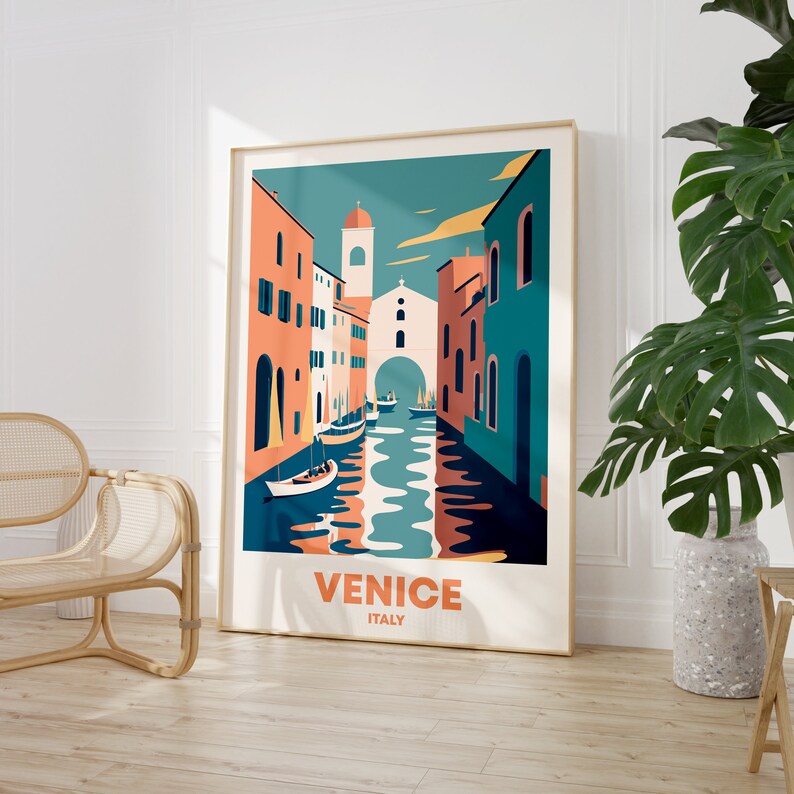 Retro style Venice Italy poster with colorful buildings and gondola on canal, vintage European travel art for home or gallery wall