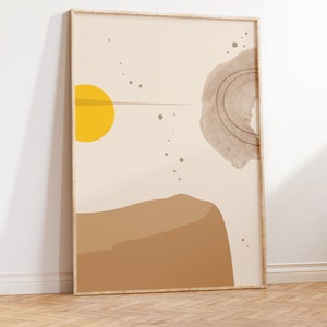 May include: Abstract art print in a wooden frame with a yellow circle, brown shapes, and gray dots on a beige background.