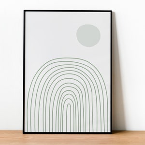 Pu&ograve; includere: Una stampa incorniciata con un design minimalista che presenta un arco verde e un cerchio verde chiaro su uno sfondo bianco.