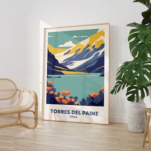 Impression d&#39;art mural Torres del Paine - affiche vintage de la Patagonie du parc national du Chili pour une galerie de voyage ou une décoration de chambre d&#39;aventure