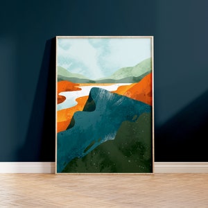 May include: Abstract landscape painting in a wooden frame. The painting features a blue, green, and orange color scheme with a river flowing through the center.