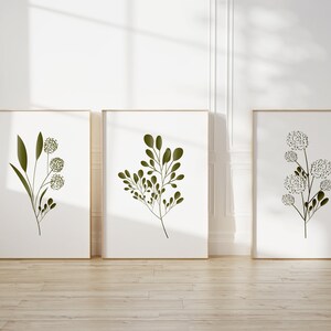 Set of three minimalist botanical posters featuring green leaves and stems in simple Scandinavian design on white background.