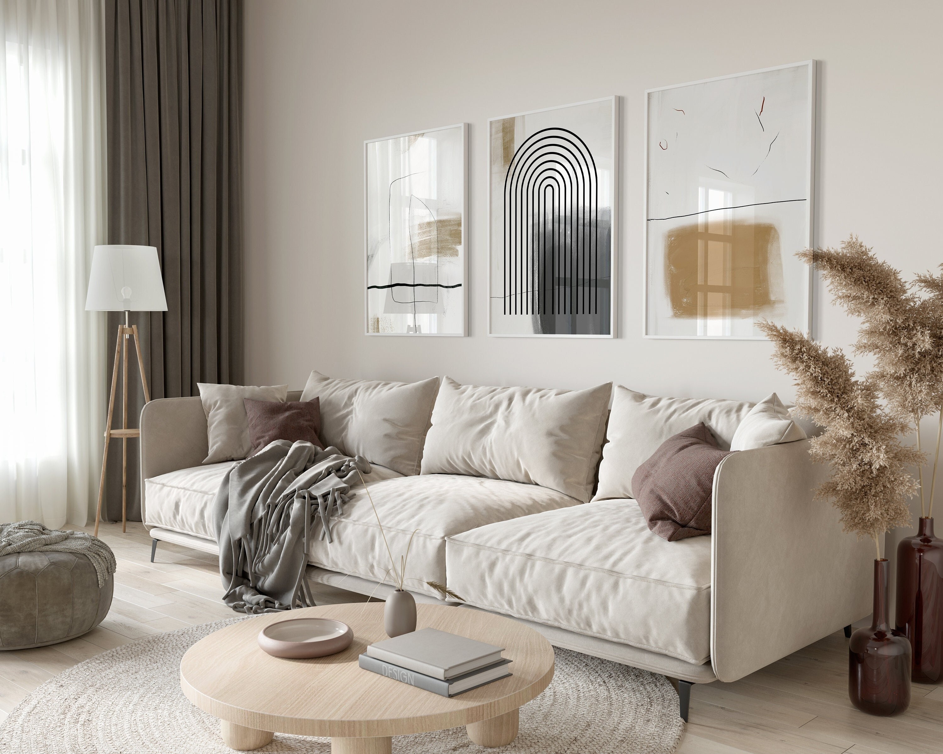 ニュートラルな抽象画ウォールアートセット：ベージュとブラックの