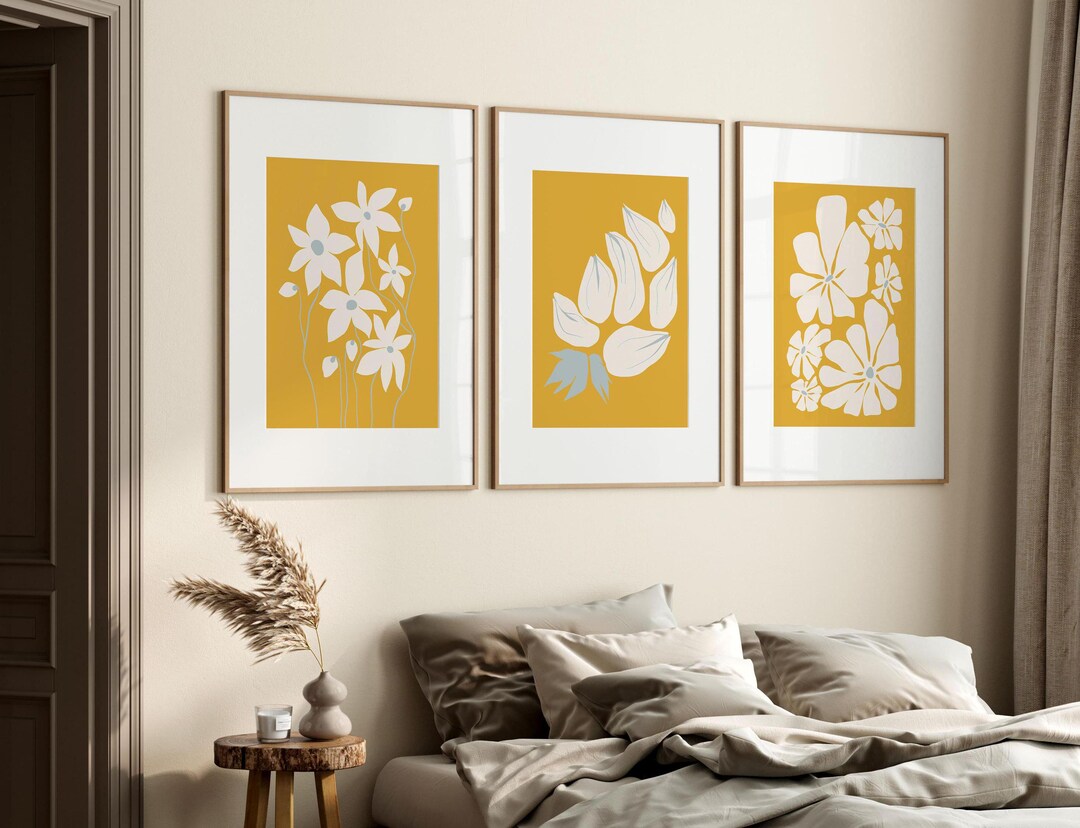Mustard Yellow Floral Set of 3 – Minimalist Botanical Prints, Mid ...