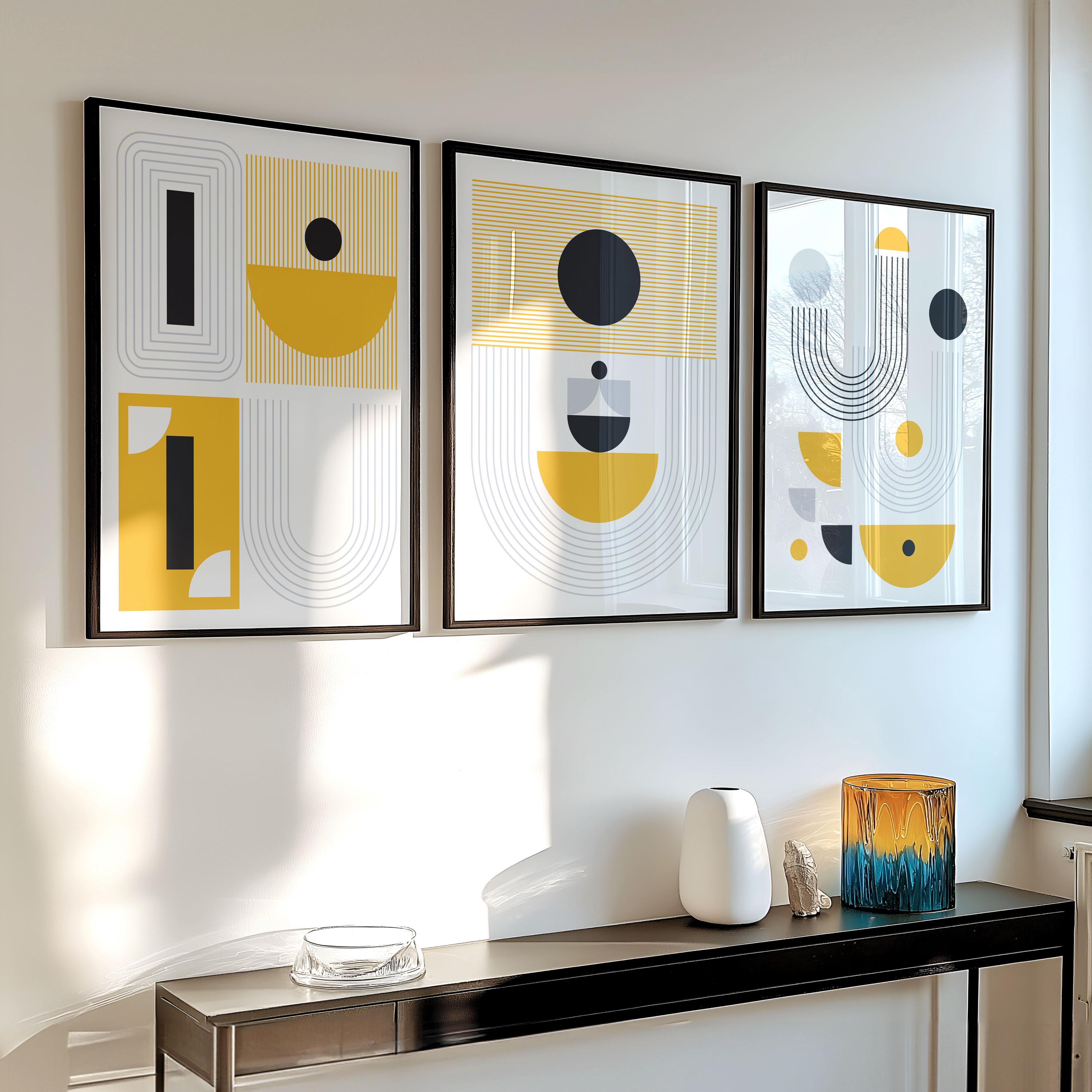 【額装済・A1】Japandi-03　KONTUR / Bauhaus アート Bauhaus Geometric Set of 3 – Yellow & Grey Abstract Prints