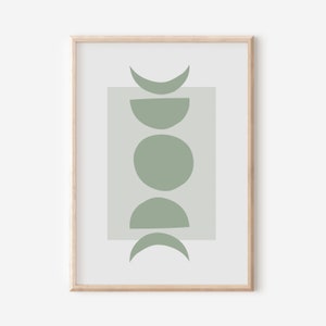 Pu&ograve; includere: Una stampa incorniciata con un design minimalista che presenta una serie di lune crescenti verdi e cerchi disposti verticalmente su uno sfondo grigio chiaro.