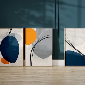 Set di 3 stampe artistiche astratte da parete, blu navy, blu, grigio, arancione, stampe da parete, stampe da parete acquerellate, arte minimalista moderna, arte per il soggiorno