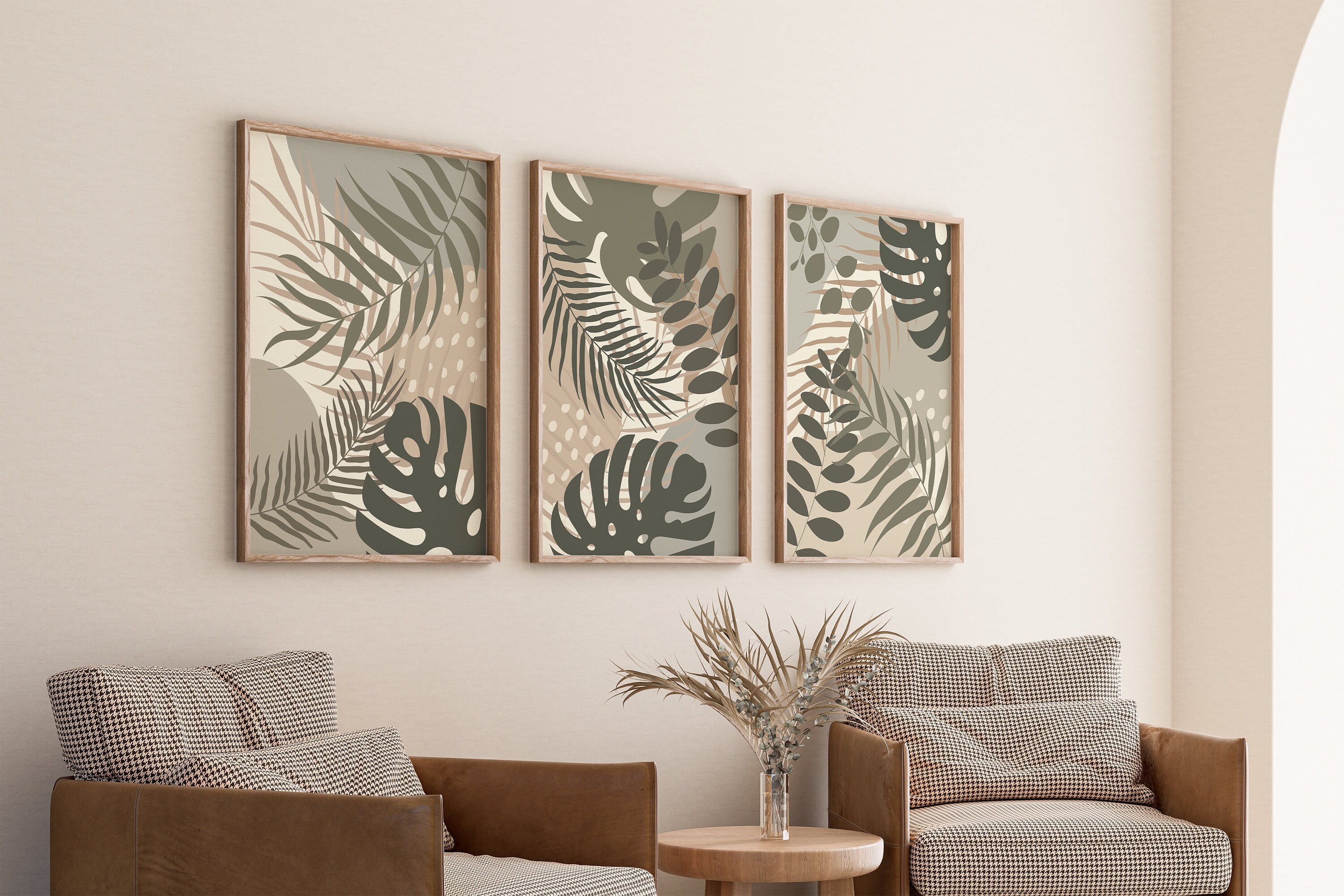 Tropical Leaf Wall Art Set: Neutral Botanical Prints, Boho Green Beige ...