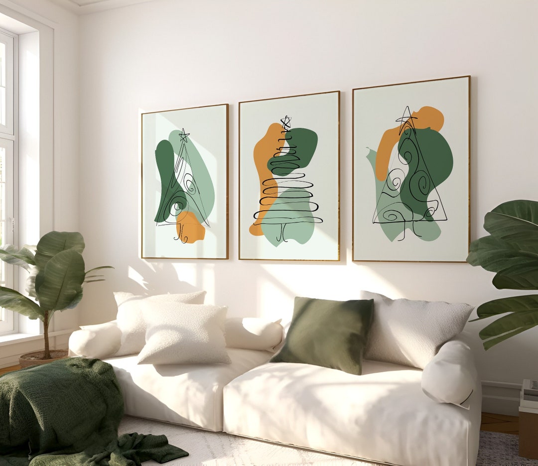 Green Orange Abstract Wall Art Print Set | Modern Minimal Line Shape ...