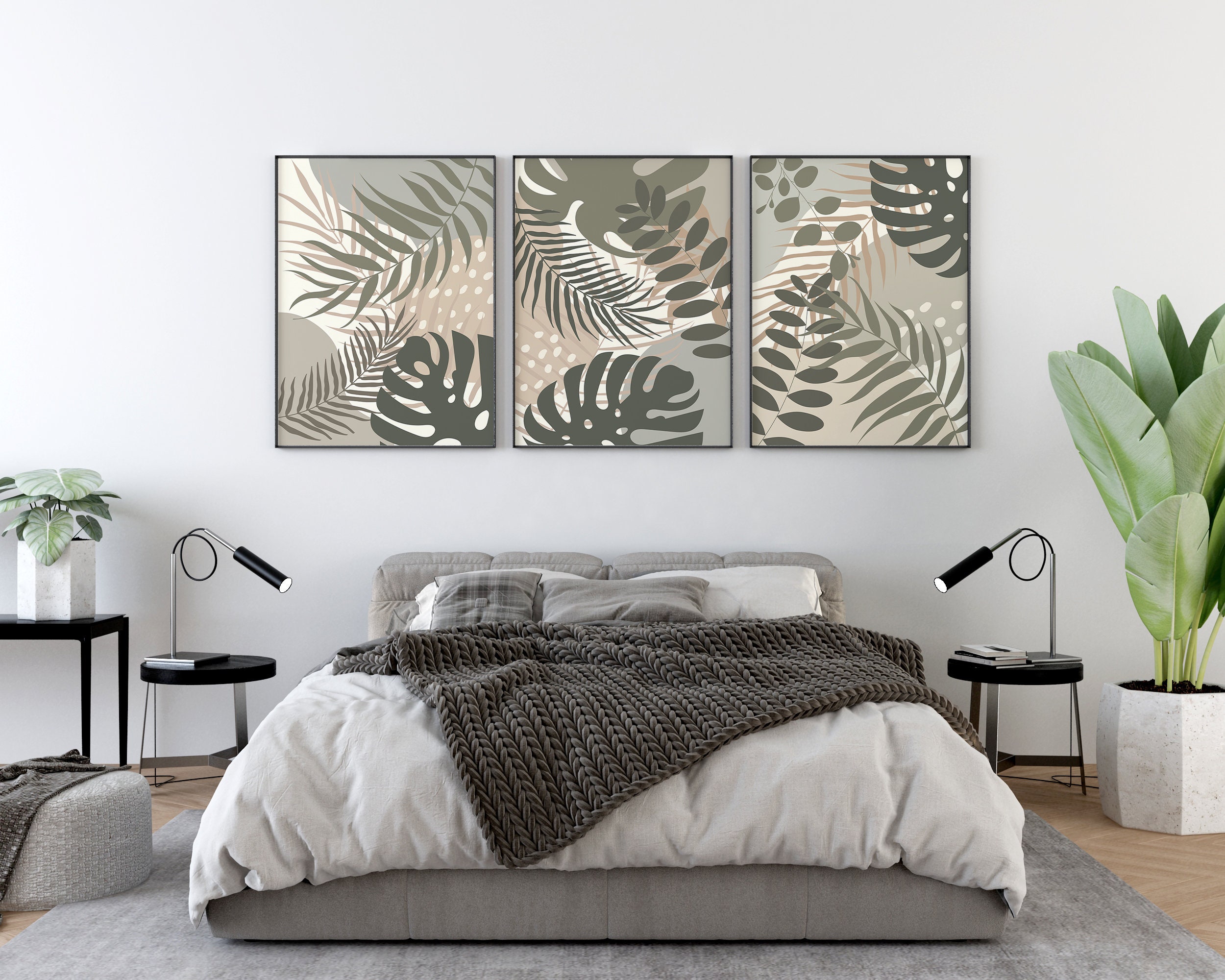 Tropical Leaf Wall Art Set: Neutral Botanical Prints, Boho Green Beige ...