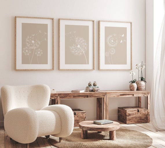 Neutral Beige Wall Prints, Botanical Wall Prints, Plant Wall Art, Dandelion Wall Art, Beige Home Decor, Hand Drawn Plants, Set of 3 Prints