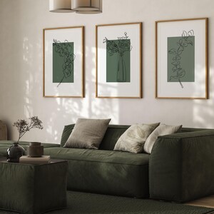 Sage Green Botanical Line Art Set of 3 – Minimalist Floral Prints, Scandi Japandi Decor image 3