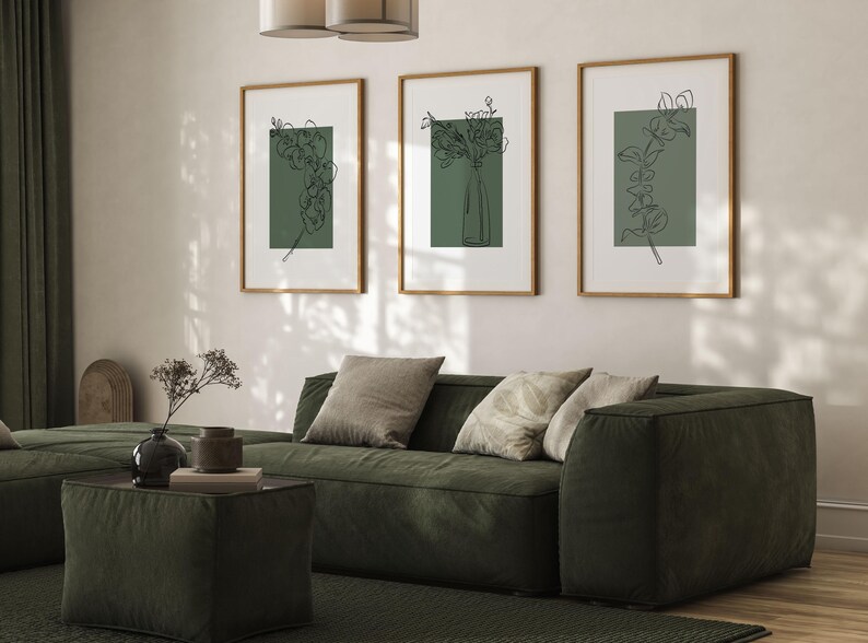 Sage Green Botanical Line Art Set of 3 – Minimalist Floral Prints, Scandi Japandi Decor image 3