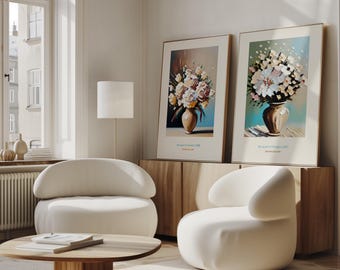 Juego de 2 cuadros florales abstractos para pared, impresiones de ramos modernos, decoración contemporánea en tonos pastel para sala de estar y dormitorio.