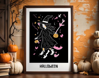 Spooky Flying Witch Poster: Halloween Wall Art with Pumpkins