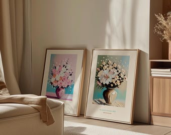 Juego de 2 cuadros florales abstractos para pared, impresiones de ramos modernos, decoración contemporánea en tonos pastel para sala de estar y dormitorio.