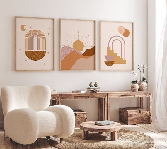 Boho Wall Art Prints: Abstract Sunset, Beige Tones - Set of 3