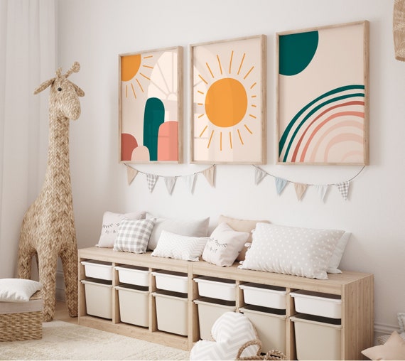 Boho Nursery Wall Art - Rainbow, Sunshine, Nature Set