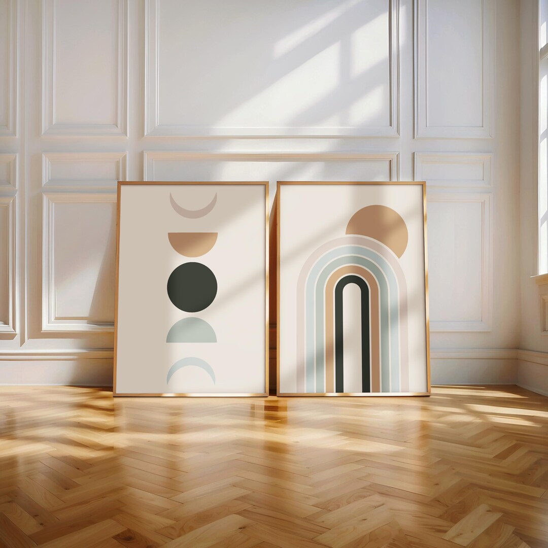 Mid Century Geometric Wall Art Set of 2 – Abstract Shapes Modern Prints ...