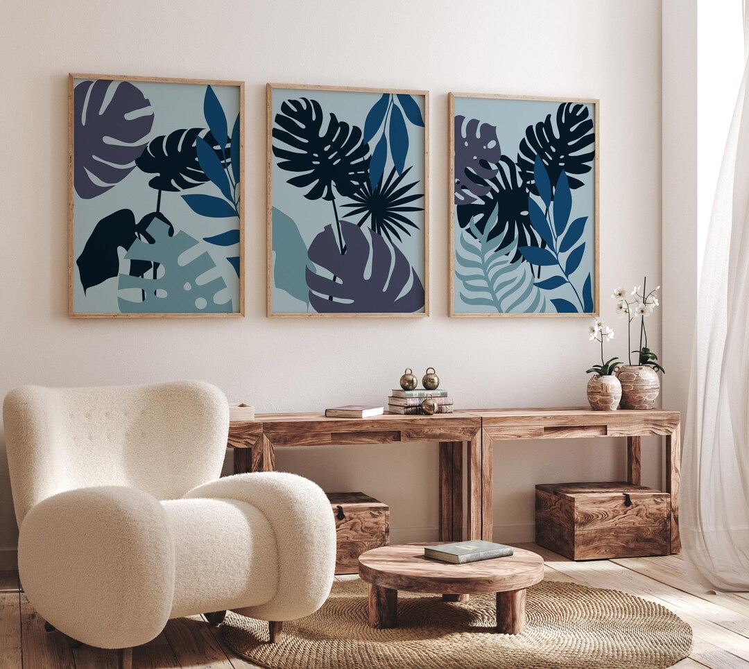 Modern Tropical Botanical Wall Art Set of 3, Blue Green Monstera Leaf ...