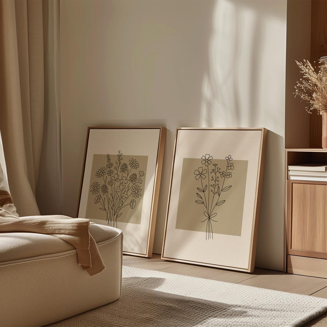 Set of 2 Botanical Line Art Prints, Minimal Floral Wall Art Pair ...