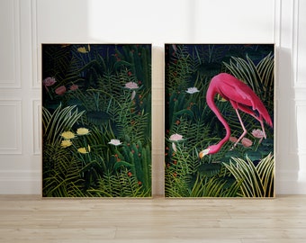 Tropische Flamingo Wandkunst, Dschungel Grün Drucke (2er Set)