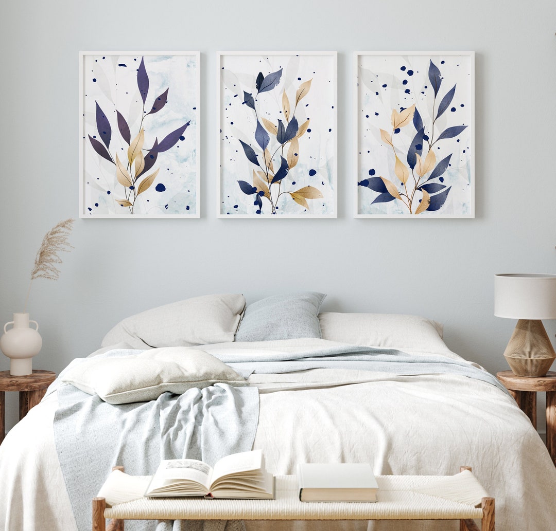 Botanical Wall Prints, Navy Blue and Mustard Wall Art, Abstract