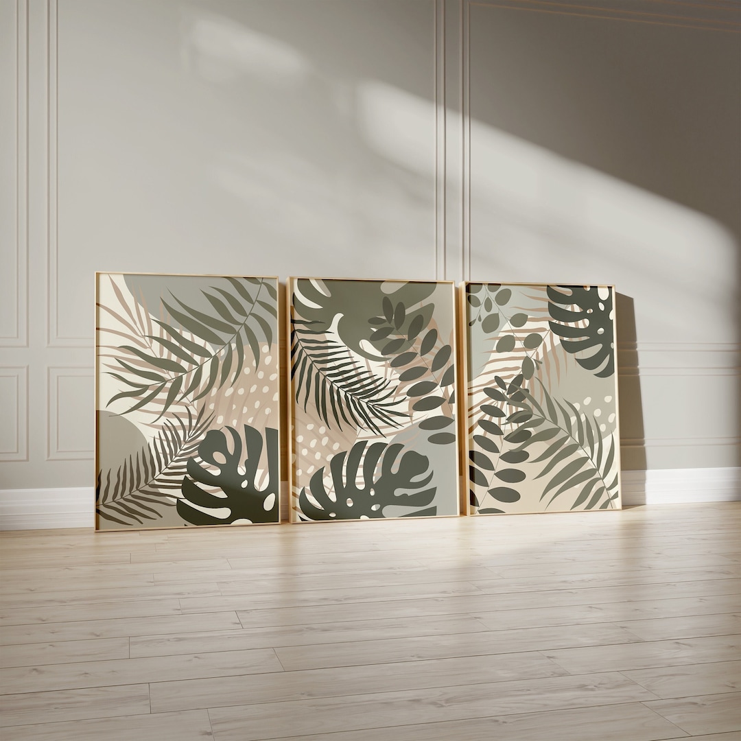 Tropical Leaf Wall Art Set: Neutral Botanical Prints, Boho Green Beige ...