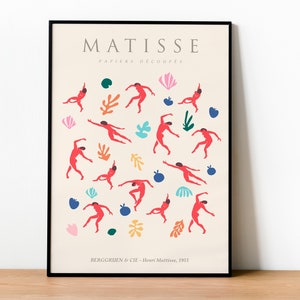 Puede incluir: Un p&oacute;ster enmarcado en negro con el texto "MATISSE PAPIERS DECOUPES" en blanco. El p&oacute;ster presenta un dise&ntilde;o abstracto colorido de figuras rojas y formas sobre un fondo crema. El texto "BERGGRUEN & CIE - Henri Matisse, 1953" est&aacute; en la parte inferior del p&oacute;ster.