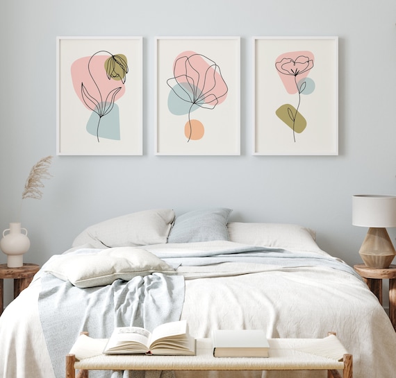 Scandinavian Flower Line Art Prints, Minimalist Floral Set (Neutral Pastels)
