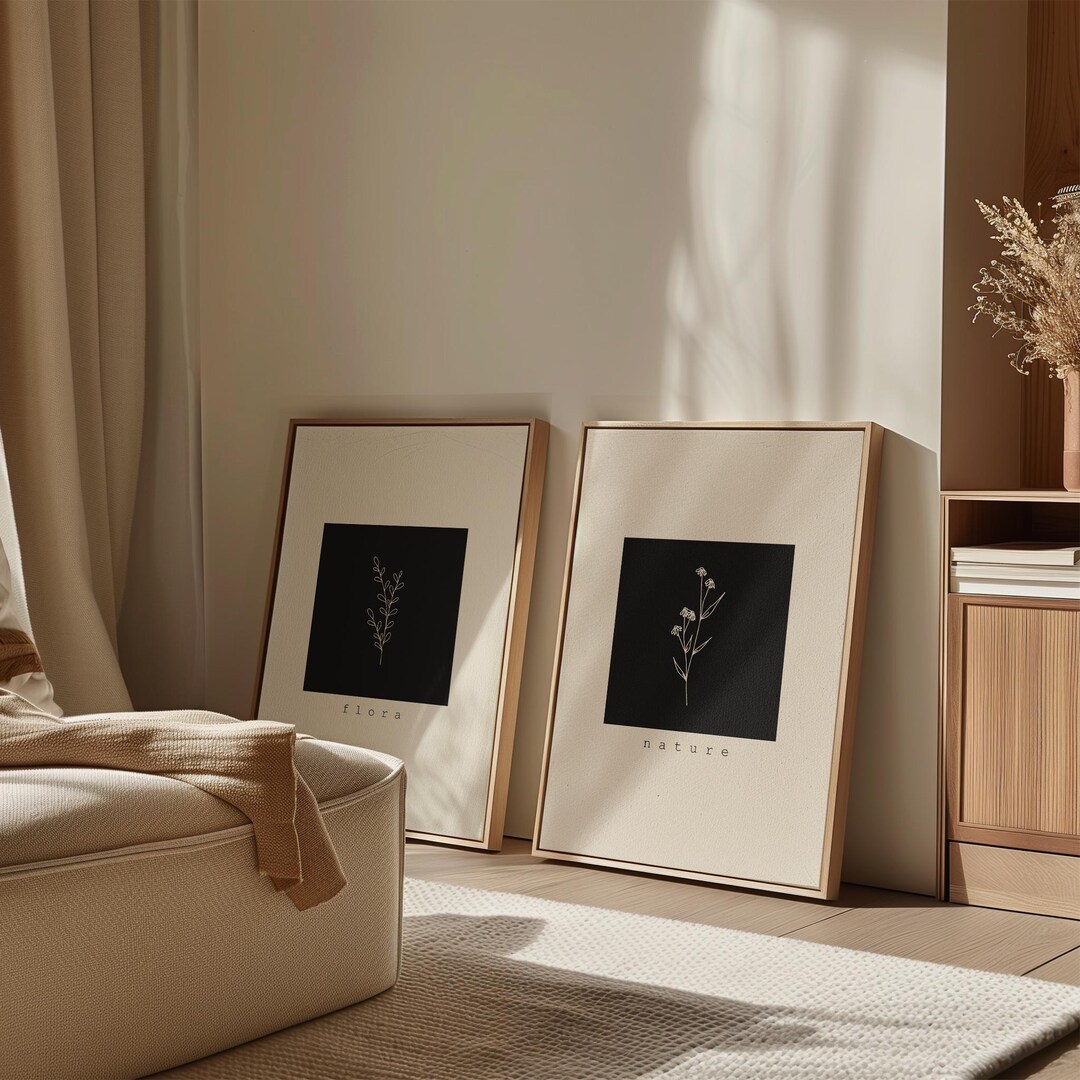 Set of 2 Minimal Botanical Wall Art Prints, Black and White Line Art ...