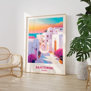Santorini Greece Travel Poster – Sunset Mediterranean Wall Art Print, Greek Island Home Decor, Vintage-Style Coastal Illustration,Travel Art