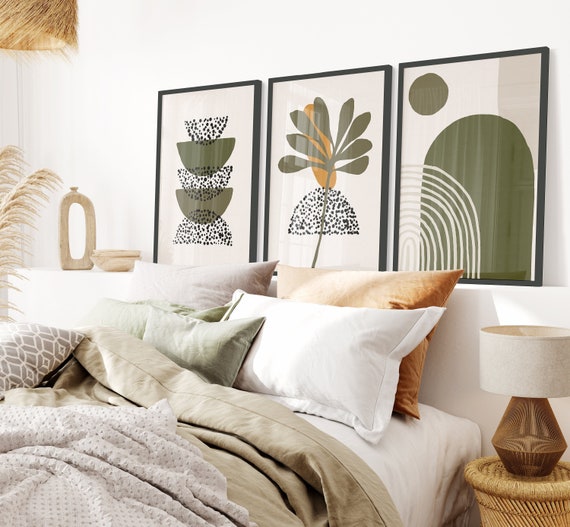 Boho Wall Art Prints: Abstract Shapes in Green and Mustard (Set of 3)