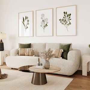 Green Botanical Line Art Wall Art Print Set | Modern Minimal Leaf Decor | Neutral Contemporary Scandi Artwork for Bedroom Living Room image 3