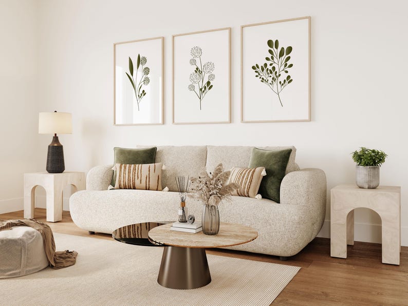 Green Botanical Line Art Wall Art Print Set | Modern Minimal Leaf Decor | Neutral Contemporary Scandi Artwork for Bedroom Living Room image 3