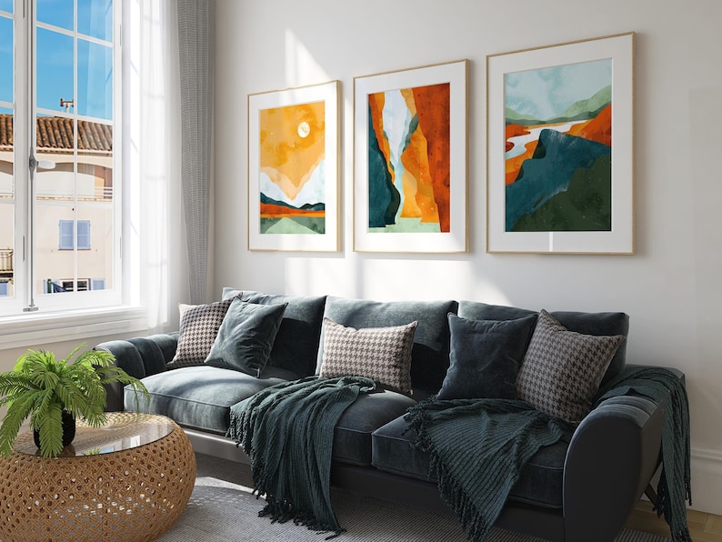 Watercolor bold abstract landscape wall art set of 3 featuring terracotta, teal and green canyon and nature shapes with modern artistic style