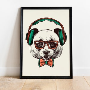 Láminas de arte de pared para guardería bohemia, lámina de panda, lámina de safari, póster de panda con auriculares, lámina de pared para habitación infantil, arte de pared para sala de juegos