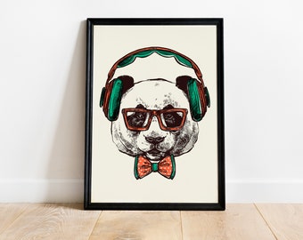 Boho Nursery Wall Art Prints, Panda Wall Print, Safari Nursery Print, Panda with Headphones Poster, Kids Room Wall Print, Play Room Wall Art