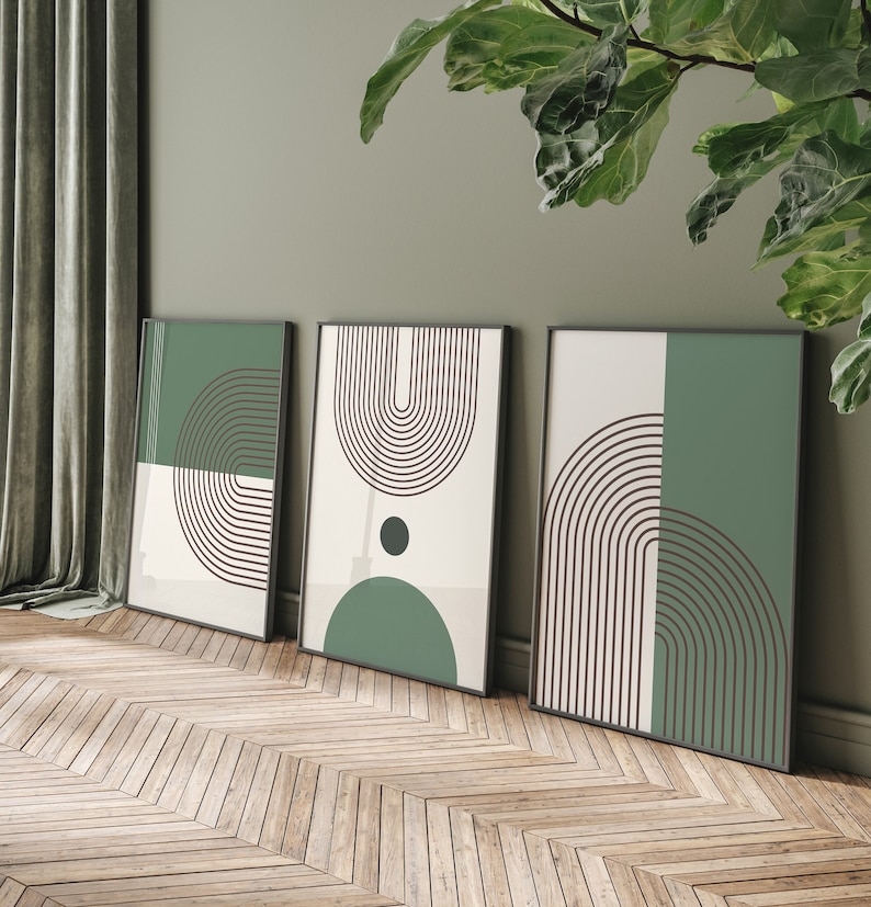 Abstract Wall Art Set: Mid Century Modern Geometric - Green Beige - Etsy