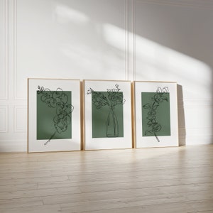 Sage Green Botanical Line Art Set of 3 – Minimalist Floral Prints, Scandi Japandi Decor image 2