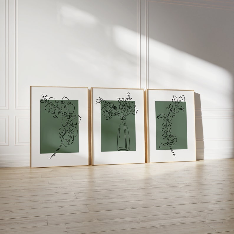 Sage Green Botanical Line Art Set of 3 – Minimalist Floral Prints, Scandi Japandi Decor image 2