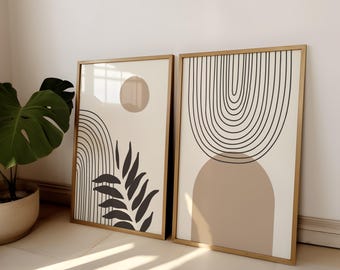 Lot de 2 oeuvres d'art murales abstraites neutres - Impressions modernes au trait beige pour une décoration intérieure minimaliste