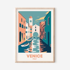 May include: A colorful illustration of a canal in Venice, Italy. The canal is lined with tall, narrow buildings in shades of pink, blue, and green. Boats are floating in the water, and the sky is a light blue.