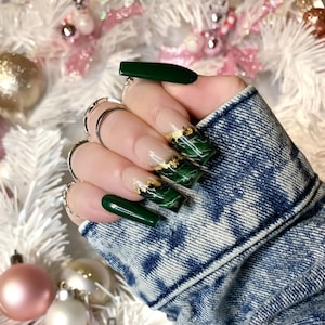 Green With Envy | Handpainted | Press On Nails | Gold Foil | French | Dark Green | Emerald | Marble