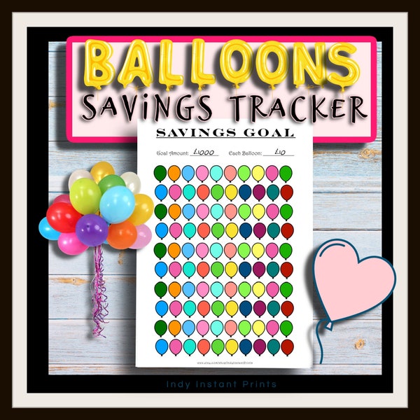 Balloon Savings Fund Goal Tracker - 100 Balloons - Piggy Bank Style Savings Tracker Chart To Colour In - Print At Home - Instant Download