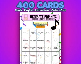Cartones de Bingo de Éxitos Pop / 400 Cartones / Juego para Grupos Grandes / Concurso de Canciones
