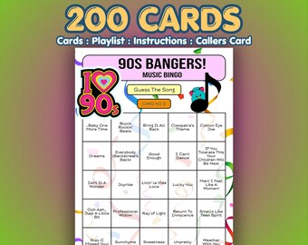 90s Music Bingo Cards – 1990s Bangers | 200 Cards | Staff Party Game | Song Quiz Game