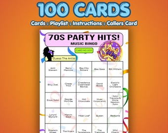 70s Music Bingo Cards – 1970s Party Hits | 100 Cards | 70th Birthday Game | Guess the Artist | Spotify Playlist Included
